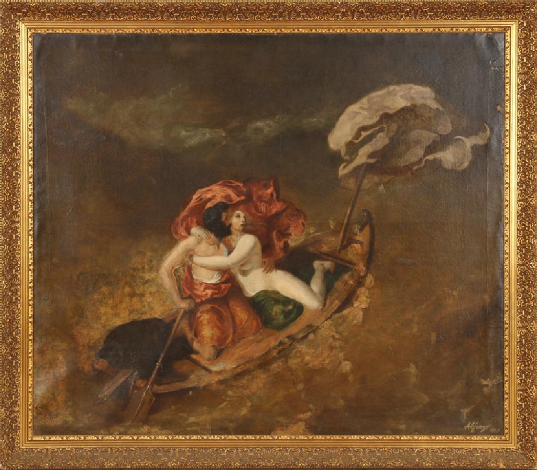 CONTINENTAL SCHOOL "THE LIFEBOAT" OIL ON CANVAS: Continental School (19th century) "The Lifeboat", oil on canvas, signed lower right and dated 1863. Image size: 36" x 42" Ht: 41.25" Wd: 47.5" (framed)