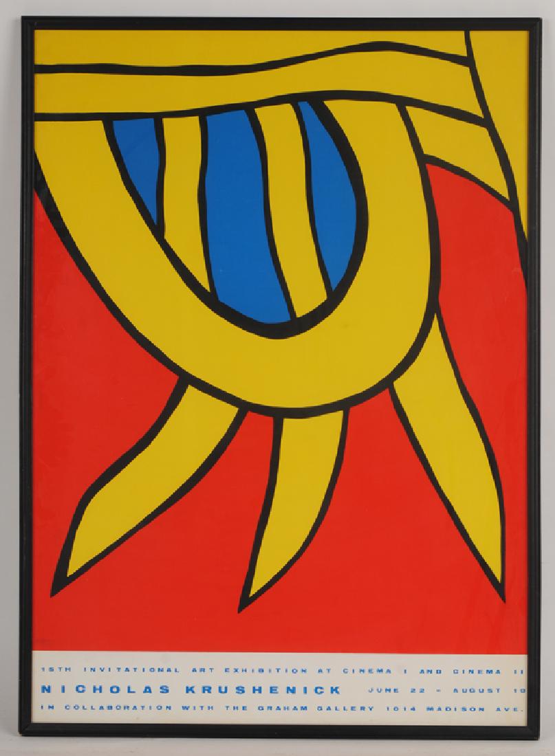 NICHOLAS KRUSHENICK POSTER ART EXHIBITION C.1965: A Nicholas Krushenick poster depicting 15th International Art Exhibition at Cinema 1 and Cinema 11, serigraph, circa 1965. Ht: 42.75" Wd: 31" (framed)