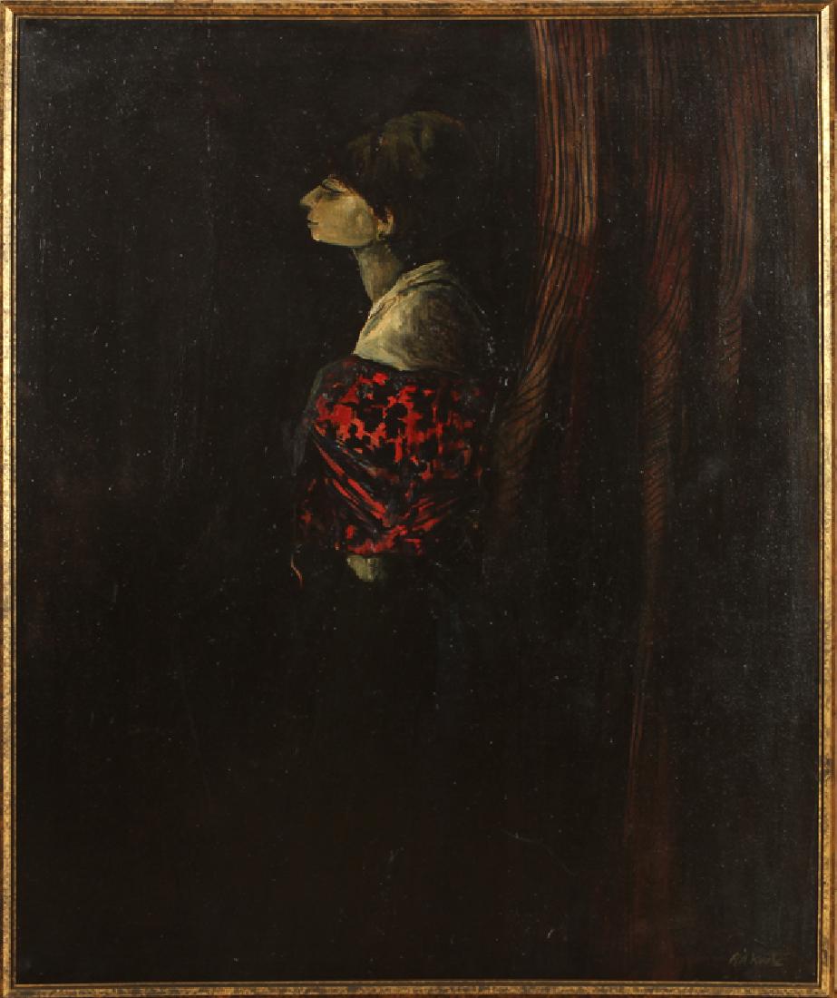 R.A. KRITZ PORTRAIT OF WOMAN OIL ON CANVAS SIGNED: R.A. Kritz (American, 20th century) Portrait of a woman, oil on canvas, signed lower right. Image size: 41" x 33" Ht: 42.5" Wd: 35" (framed)