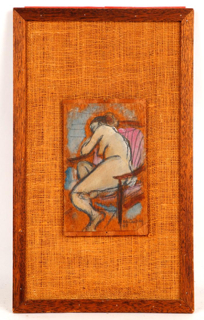 FRANCIS MCCARTHY RECLINING NUDE MIXED MEDIA: Francis McCarthy (Pennsylvania, 1923-2005) Reclining nude on chair, mixed media on wood, signed lower right and dated 1967. Image size: 8" x 5.25" Ht: 19" Wd: 11.25" (framed)