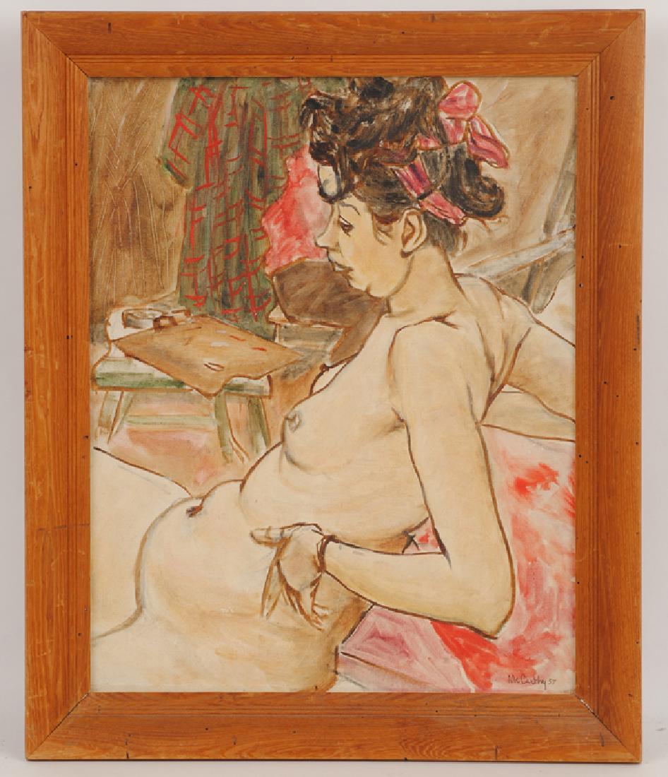 FRANCIS MCCARTHY RECLINING NUDE OIL ON CANVAS: Francis McCarthy (Pennsylvania, 1923-2005) Reclining nude, oil on canvas board, signed lower right and dated 1957. Image size: 19.5" x 16" Ht: 23.5" Wd: 19.5" (framed)