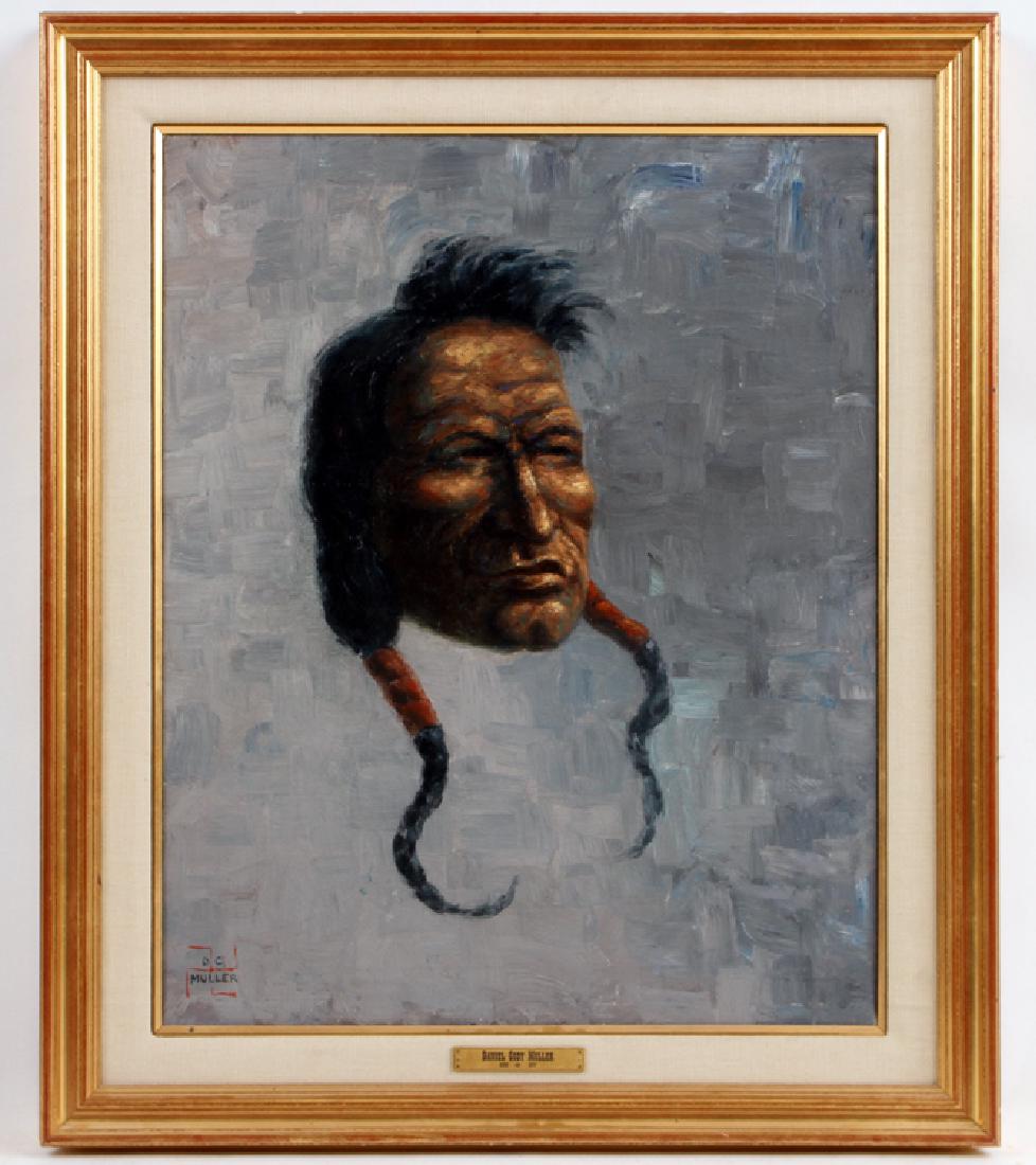DANIEL CODY MULLER INDIAN PORTRAIT OIL ON CANVAS: Daniel Cody Muller (American, 1889-1977) Portraits of an American Indian, oil on canvas, signed lower left. Image size: 23.75" x 19" Ht: 29.75" Wd: 25.25" (framed)