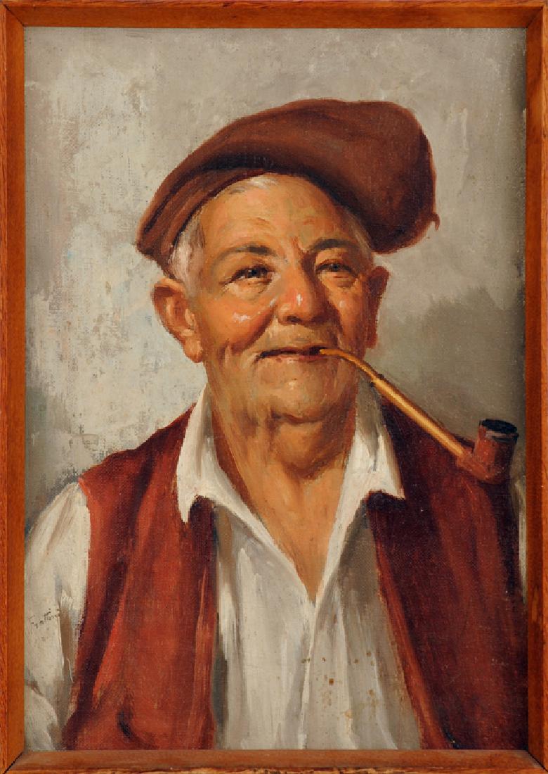 ENRICO FRATTINI "MAN WITH PIPE" OIL ON MASONITE: Enrico Frattini (Italian, 1890-1968) "Man with Pipe", oil on masonite, signed lower left. Ht: 16" Wd: 11.25" (framed)