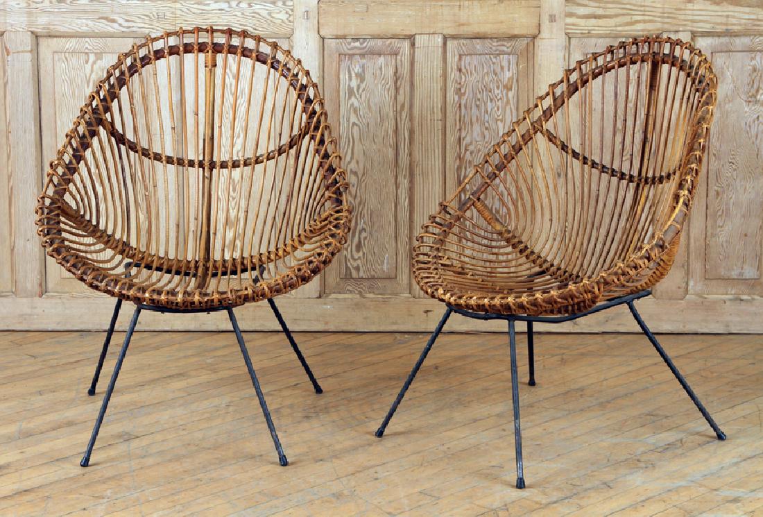 ITALIAN IRON RATTAN EGG CHAIRS FRANCO ALBINI 1950: A good pair of Italian iron and rattan "egg" chairs in the manner of Franco Albini circa 1950. Ht: 35" Wd: 28" Dpth: 24" Seat: 15"