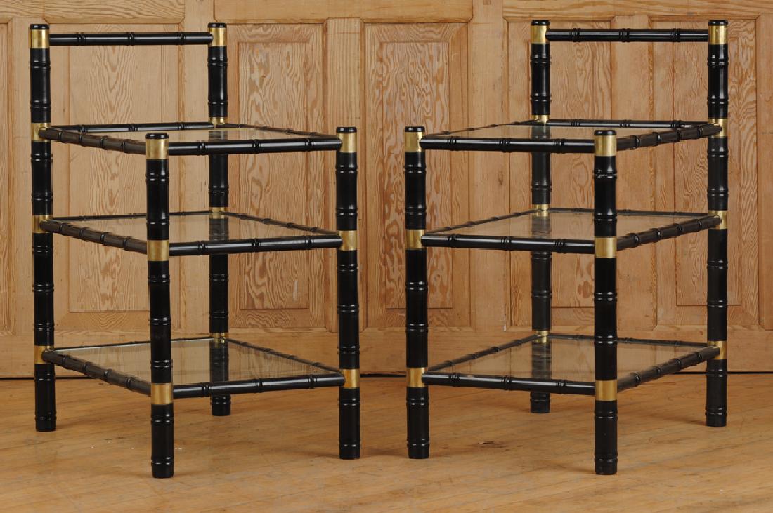 RARE PAIR FAUX BAMBOO BRONZE BAR CARTS 1950: A rare pair of faux bamboo ebonized and bronze mounted bar carts in the manner of Billy Haines having three glass shelves circa 1950. Ht: 33" Wd: 25" Dpth: 16"