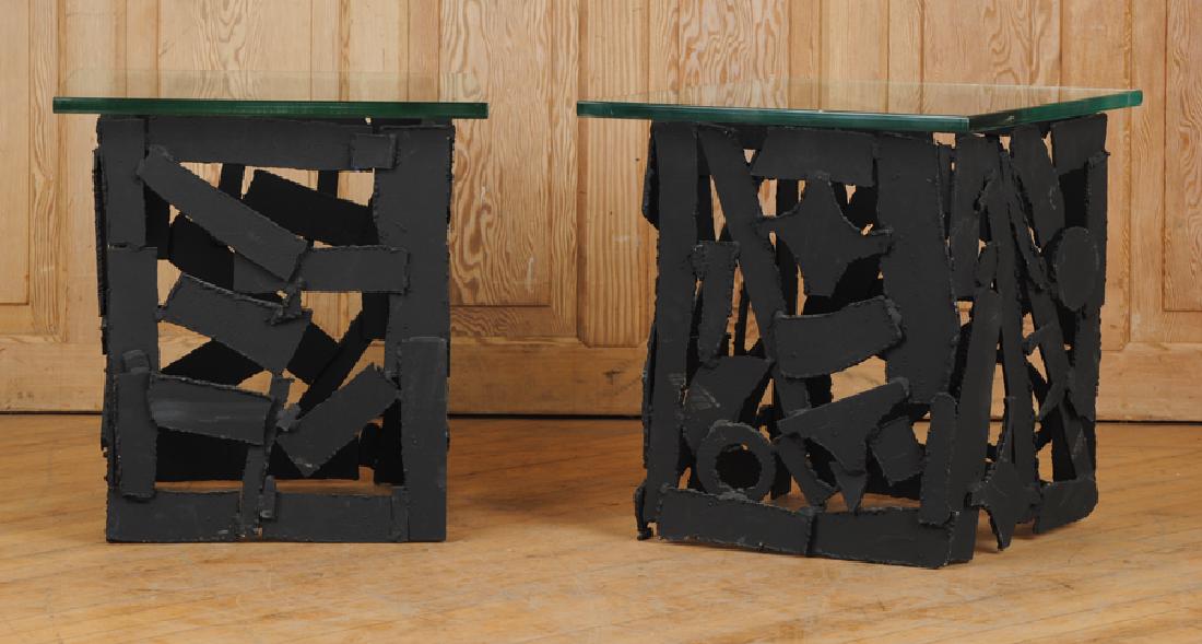 PAIR GLASS AND IRON BRUTALIST STYLE END TABLES: A pair of glass and iron Brutalist style end tables. Ht: 21" Wd: 19.5" Dpth: 19.5"