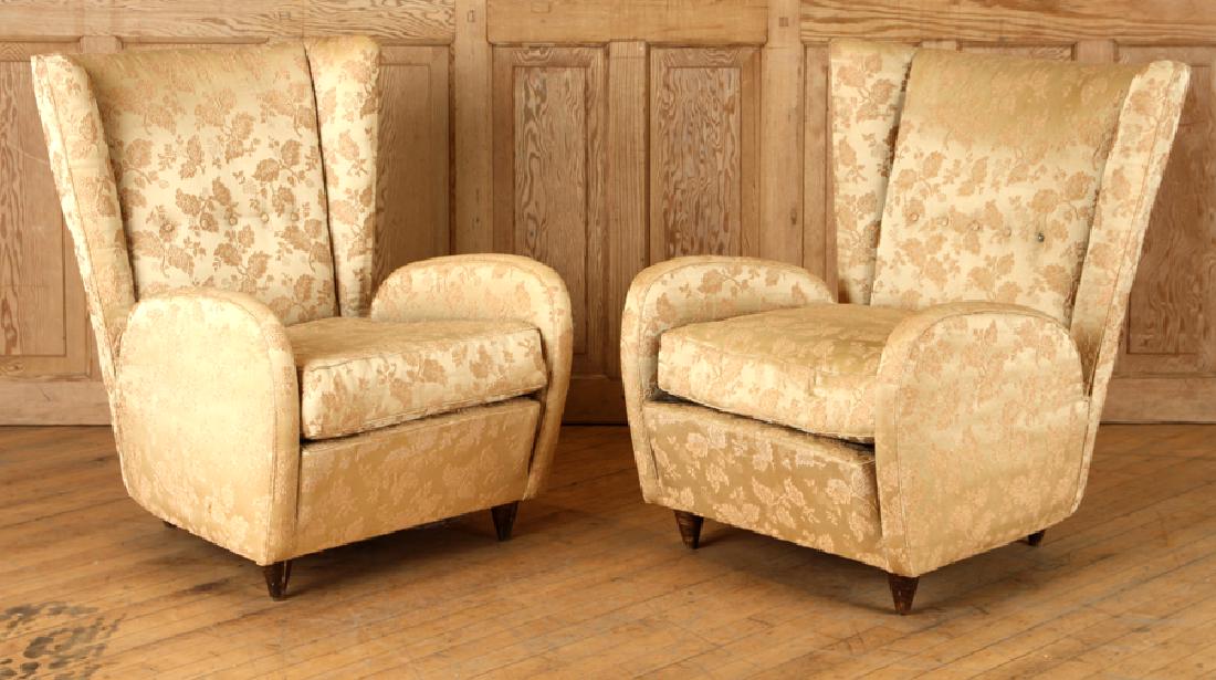 PAIR PAOLO BUFFA LOUNGE CHAIRS UPHOLSTERED C.1950: A pair of Paolo Buffa lounge chairs upholstered in pale gold brocade with drop in cushions and tufted backrest circa 1950. ensuite Ht: 33.25" Wd: 25" Dpth: 31" Seat: 16.5"