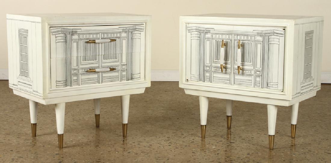A PAIR FORNASETTI STYLE END TABLES C.1960: A pair of Fornasetti style end tables having architectural renderings circa 1960. One having two drawers, the other having two doors. Ht: 22" Wd: 22" Dpth: 13"