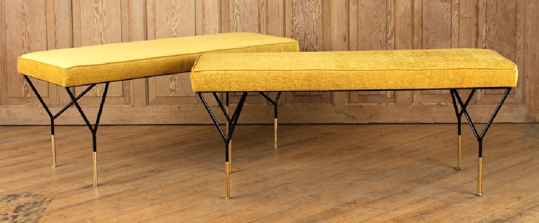 PAIR ITALIAN IRON UPHOLSTERED BENCHES ICO PARISI: A pair of Italian iron upholstered benches having bronze details in the manner of Ico Parisi. Ht: 20" Wd: 48" Dpth: 16.5"