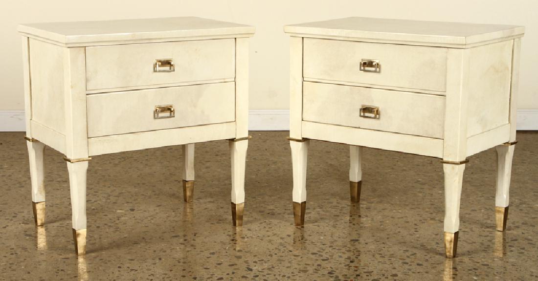 PAIR 2 DRAWER PARCHMET END TABLES ADNET 1960: A pair of two drawer parchment end tables in the manner of Jacques Adnet having bronze handles and mounts circa 1960. Ht: 20.5" Wd: 19.5" Dpth: 13"