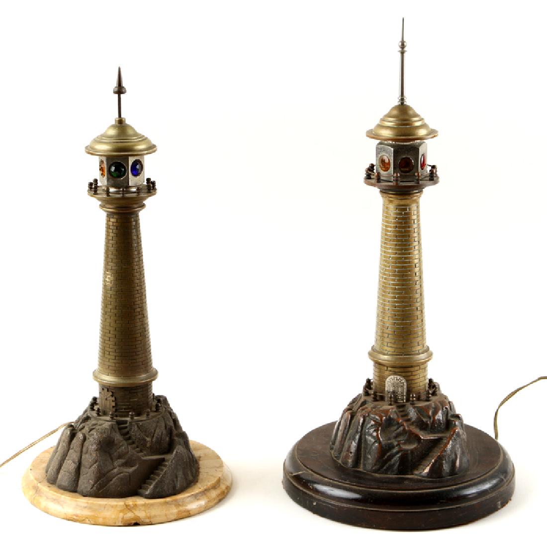 TWO BRONZE TABLE LAMPS FORM OF LIGHTHOUSE C.1900 (1 of 5)