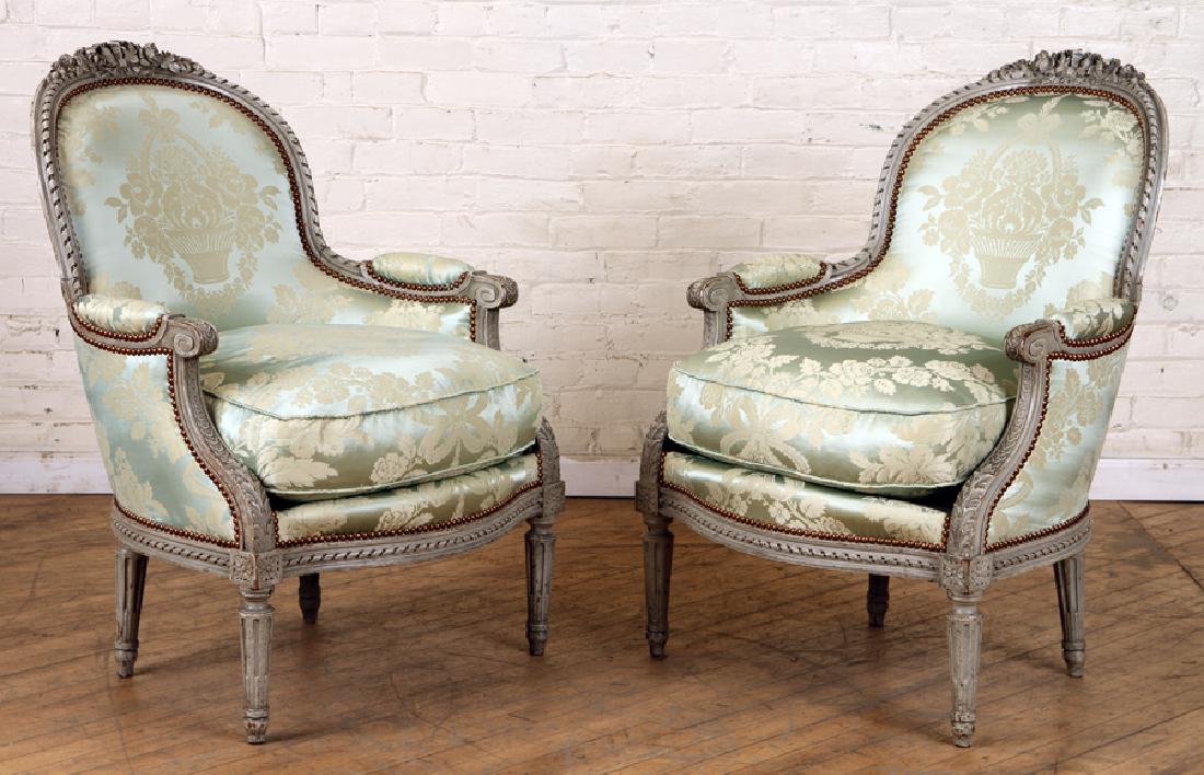 PAIR CARVED FRENCH BERGERE CHAIRS LOUIS XVI STYLE (1 of 6)
