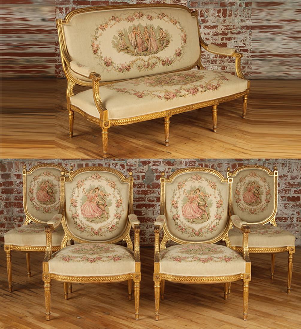 5 PC. FRENCH LOUIS XVI STYLE GILT WOOD SALON SET (1 of 8)