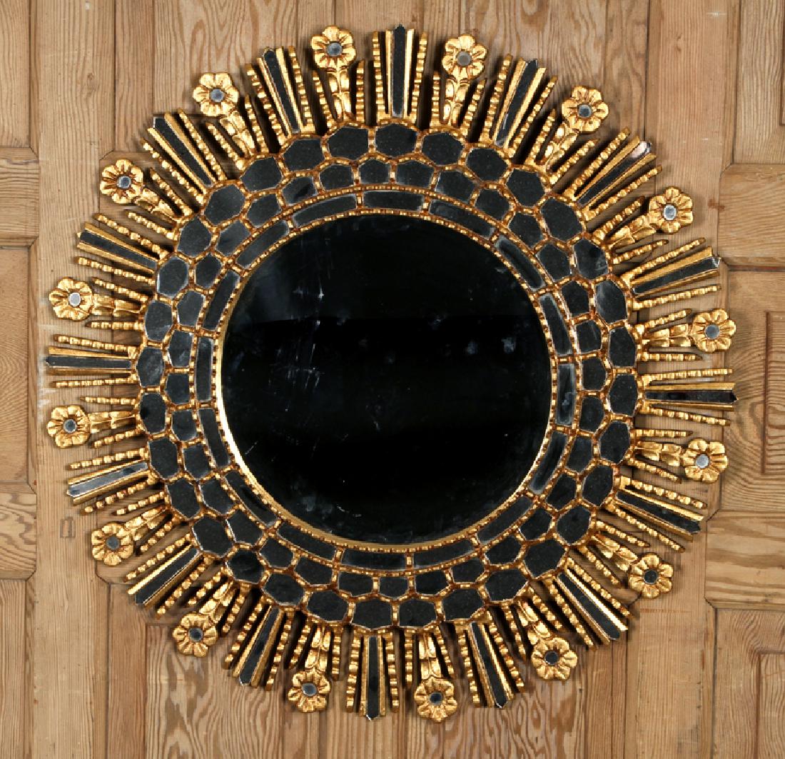 PAIR GILT STARBURST MIRRORS MANNER LINE VAUTRIN: A pair of gilt wood starburst mirrors having flower decoration in the manner of Line Vautrin. Dia: 30"