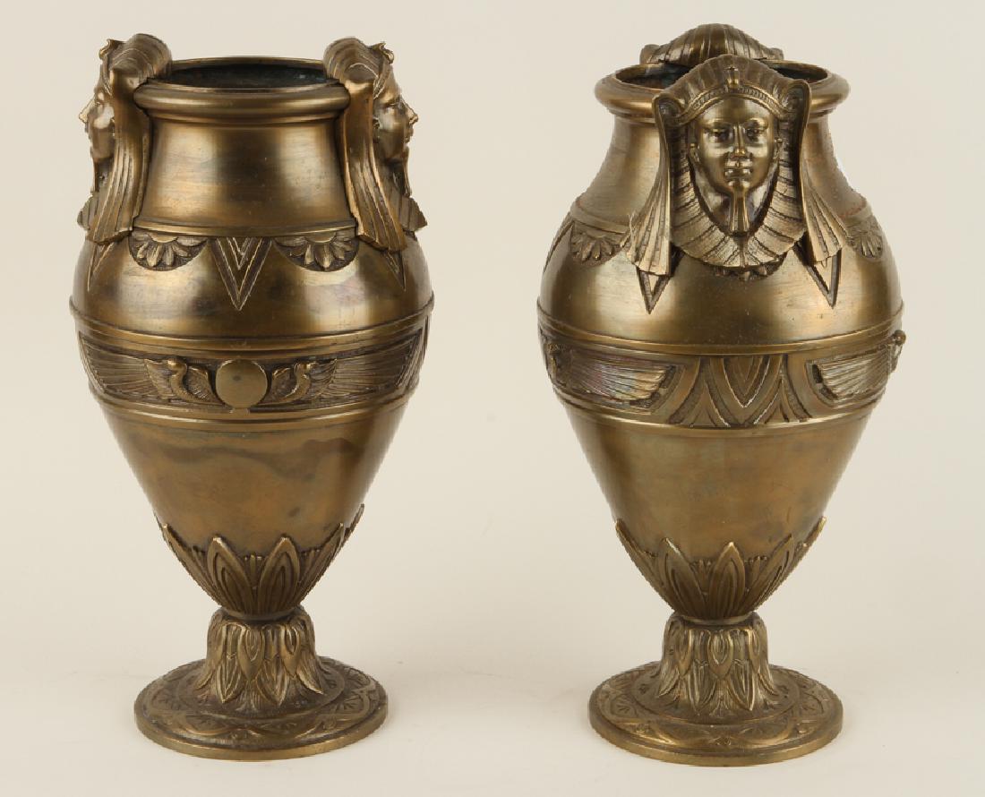 PAIR BRONZE URNS EGYPTIAN MOTIF PHARAOH HANDLES (1 of 5)
