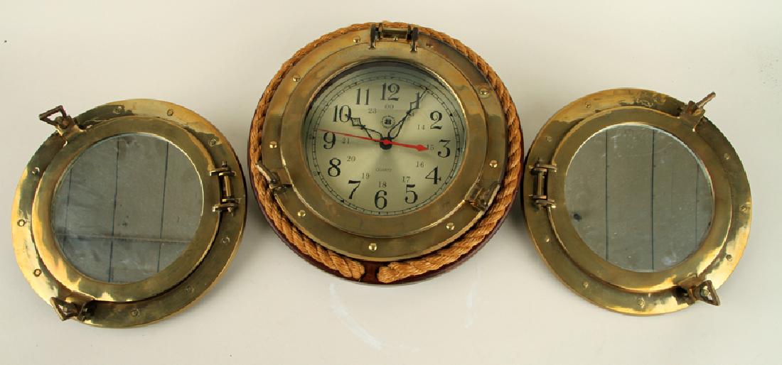 PAIR PORTHOLE BRONZE MIRRORS & BRONZE CLOCK (1 of 7)