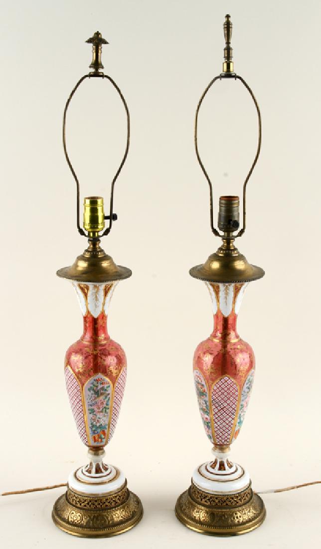 PAIR LATE 19TH C ENAMELED GLASS TABLE LAMPS BRASS (1 of 5)