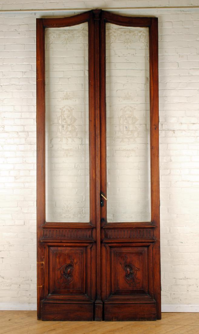 PAIR ARCHED TOP ETCHED BEVELED GLASS DOORS C.1890 (1 of 10)