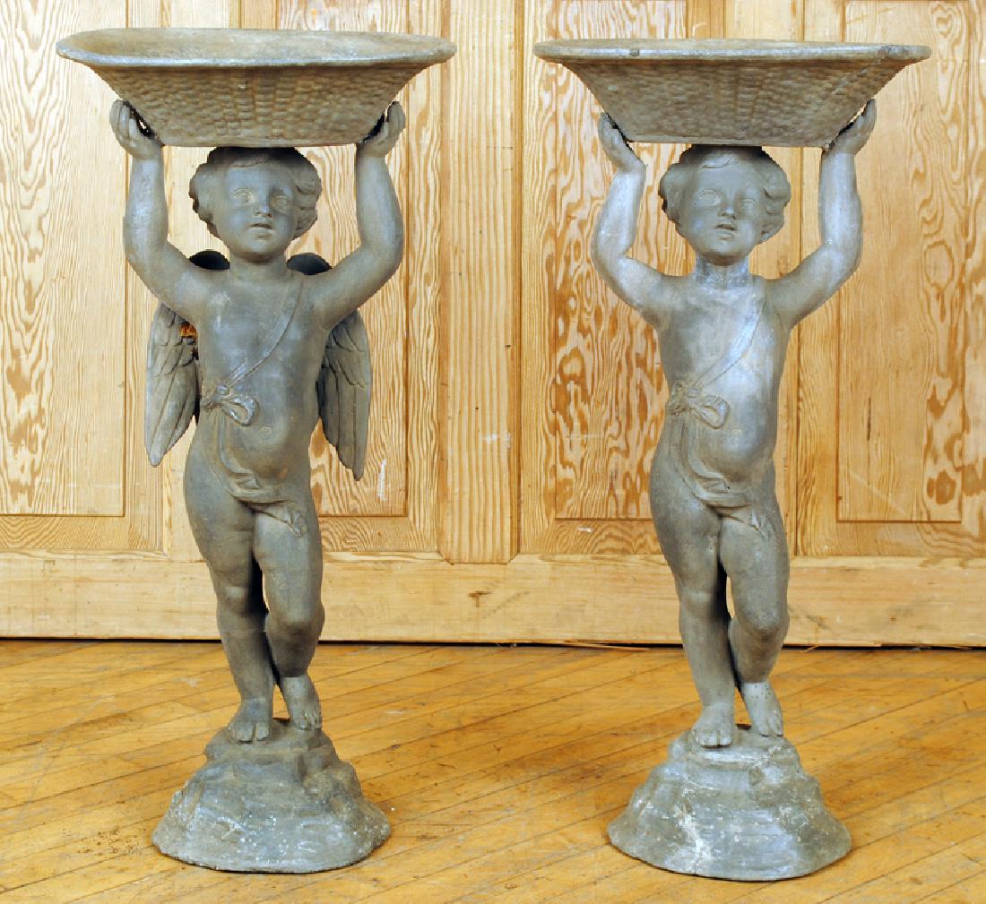 PAIR CHERUB FORM LEAD PLANTERS OR BIRD BATHS (1 of 7)