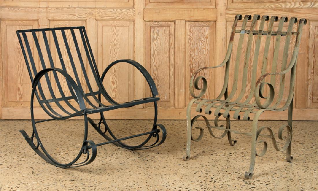ONE PAINTED IRON STRAP CHAIR & ONE ROCKING CHAIR: A lot of two painted iron strap chairs circa 1910. To include: A grey painted chair: 36" x 20.5" x 27.5" Seat: 16" A black painted rocking chair: 33" x 23.75" x 29.5" Seat: 16"