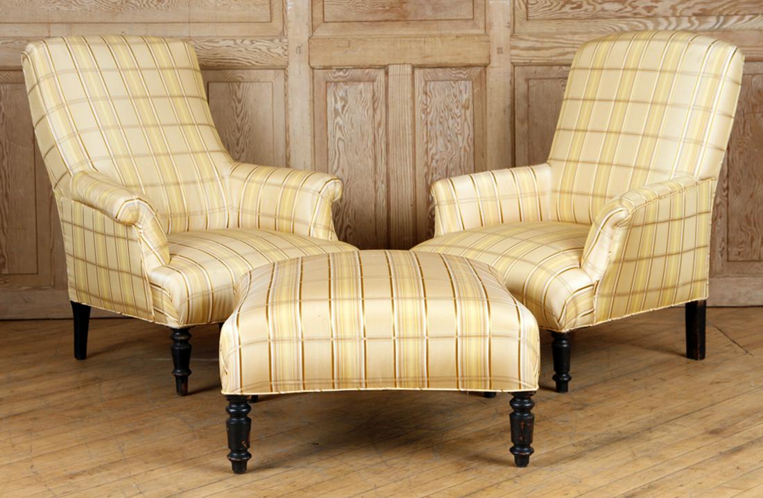 PAIR NAPOLEON III LOUNGE CHAIRS & OTTOMAN C.1870 (1 of 5)