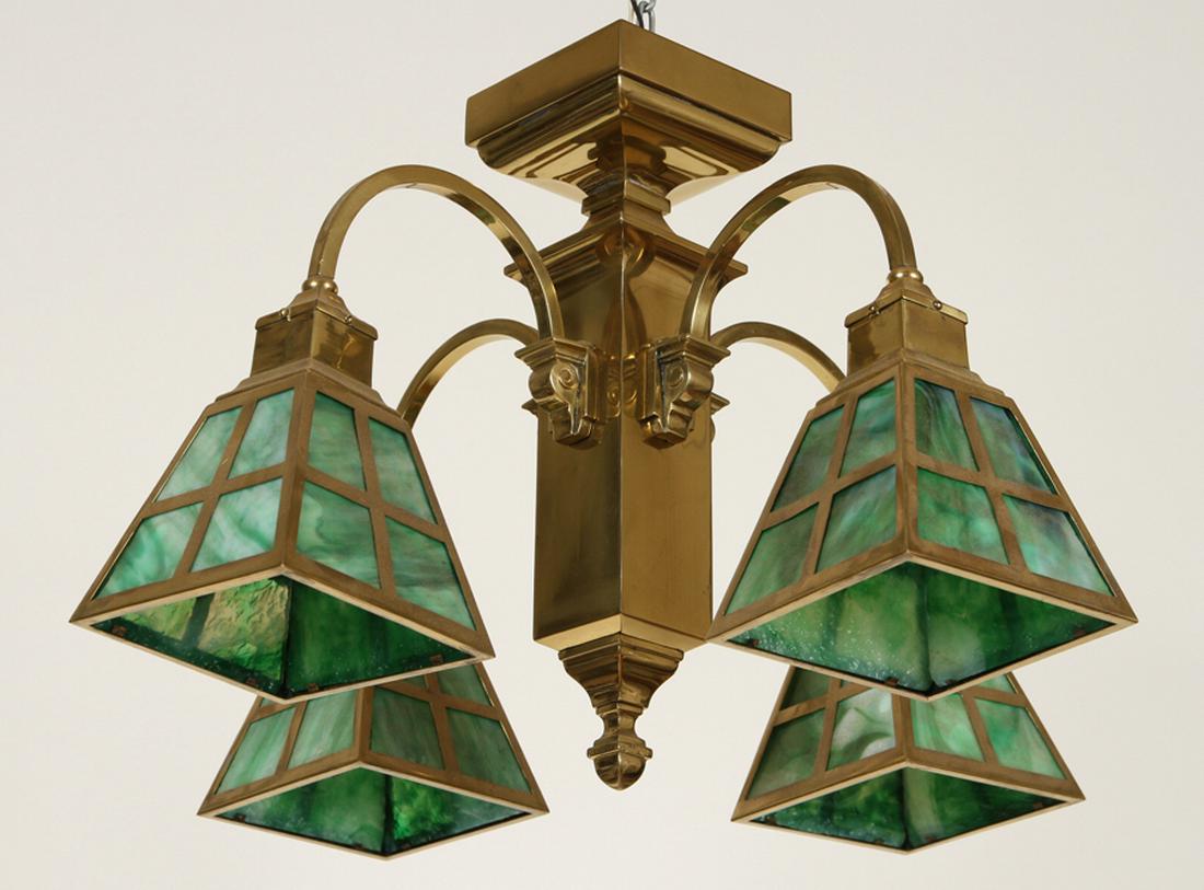 ARTS AND CRAFTS BRASS 4-ARM CHANDELIER C.1910 (1 of 4)