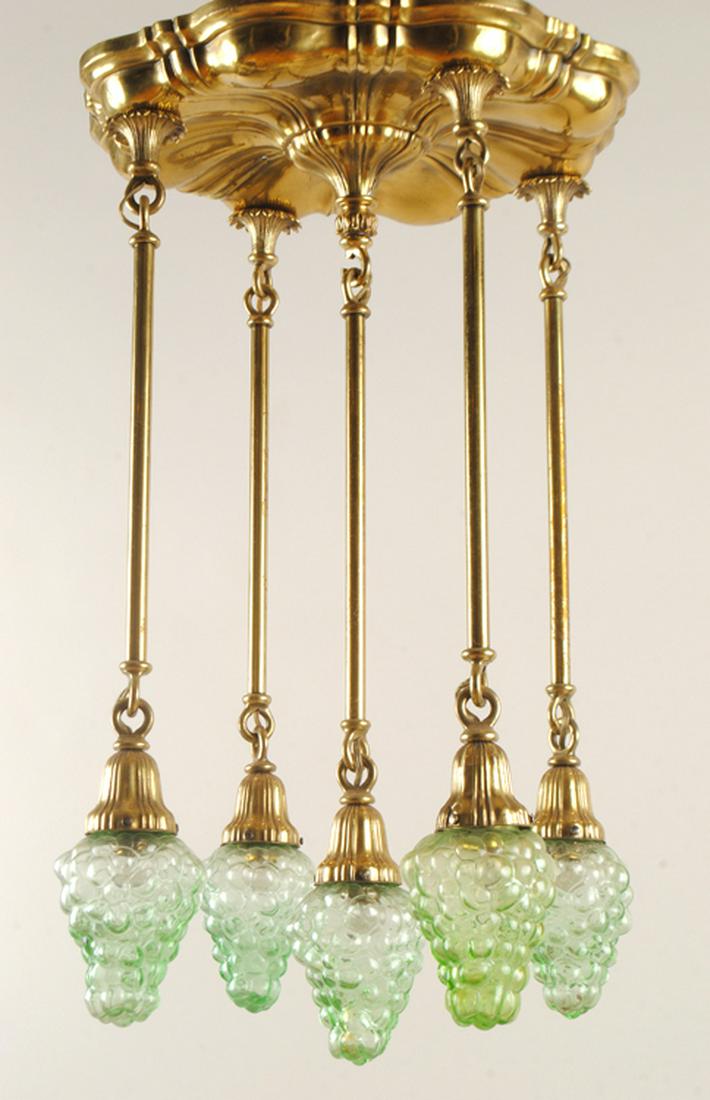 BRASS FIVE ARM CHANDELIER GREEN GLASS SHADES 1910 (1 of 5)