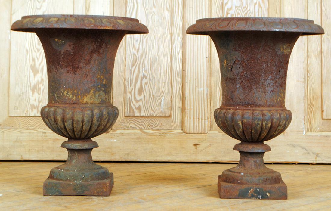 PAIR CAST IRON CAMPAGNA STYLE GARDEN URNS (1 of 4)