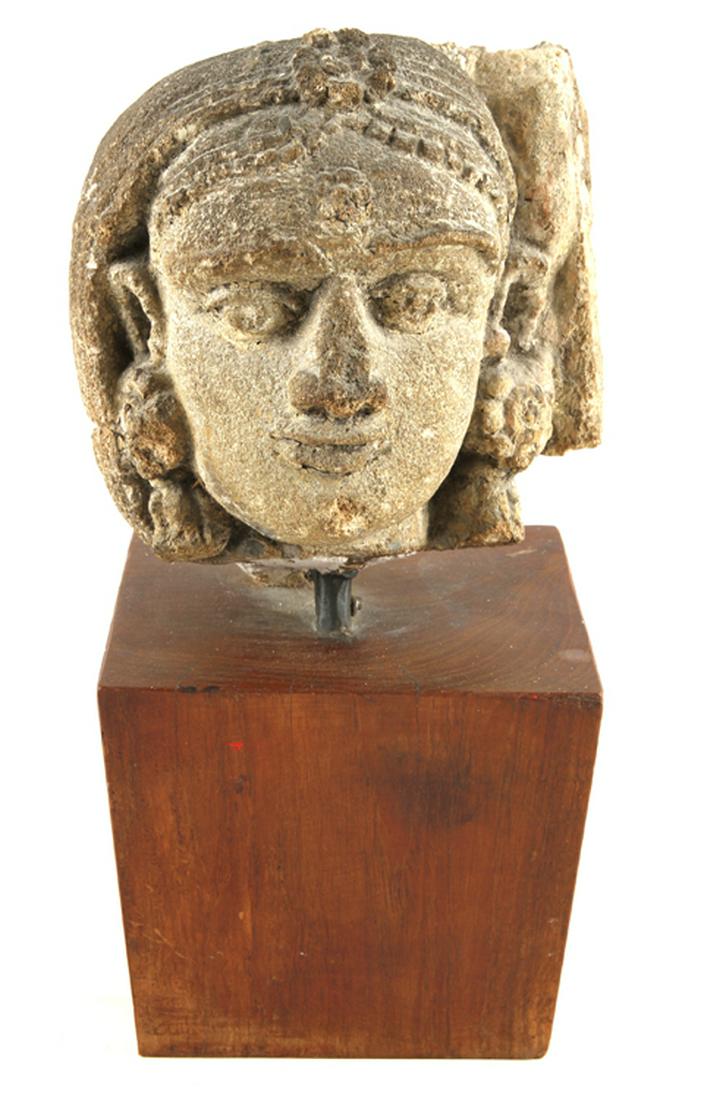 ANTIQUE CAST STONE FEMALE HEAD ON PEDESTAL (1 of 5)