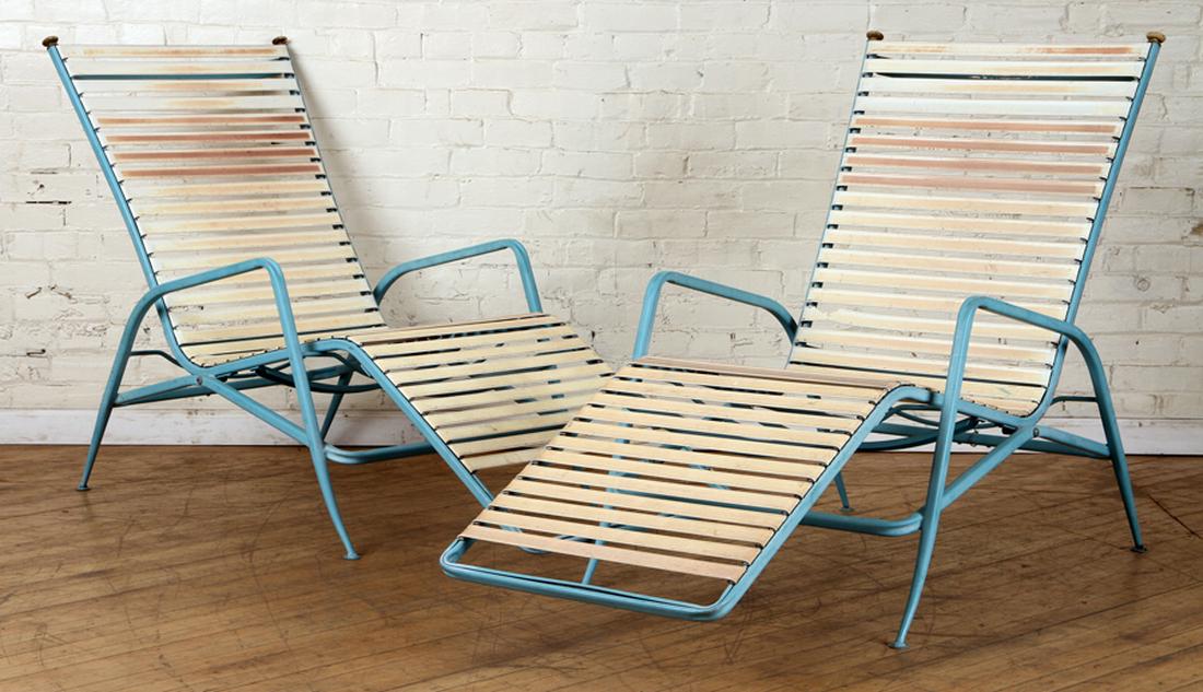 PR ALUMINUM PATIO LOUNGE CHAIRS BY TROY SUNSHADE: A pair of light blue painted aluminum reclining patio lounge chairs by Troy Sunshade. Rubber strap webbing. Ht: 38" Wd: 57" Dpth: 26"