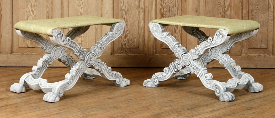 PAIR PAINTED CARVED X-FORM STOOLS (1 of 5)
