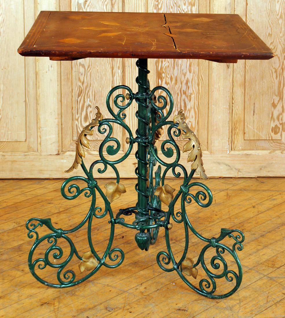 SCROLL FORM IRON TABLE INLAID WOOD TOP C.1900 (1 of 7)