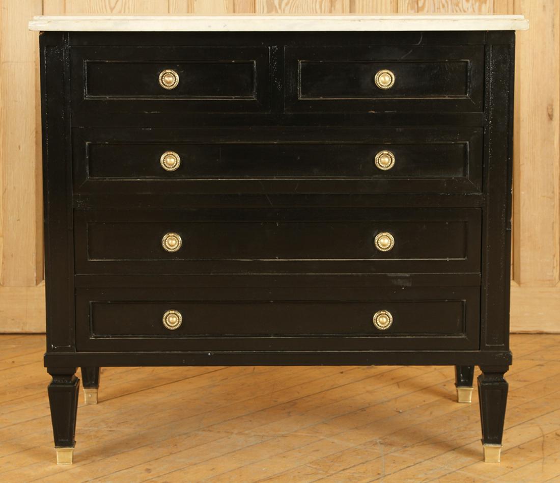 DIMINUTIVE EBONIZED MARBLE TOP COMMODE C.1940 (1 of 5)
