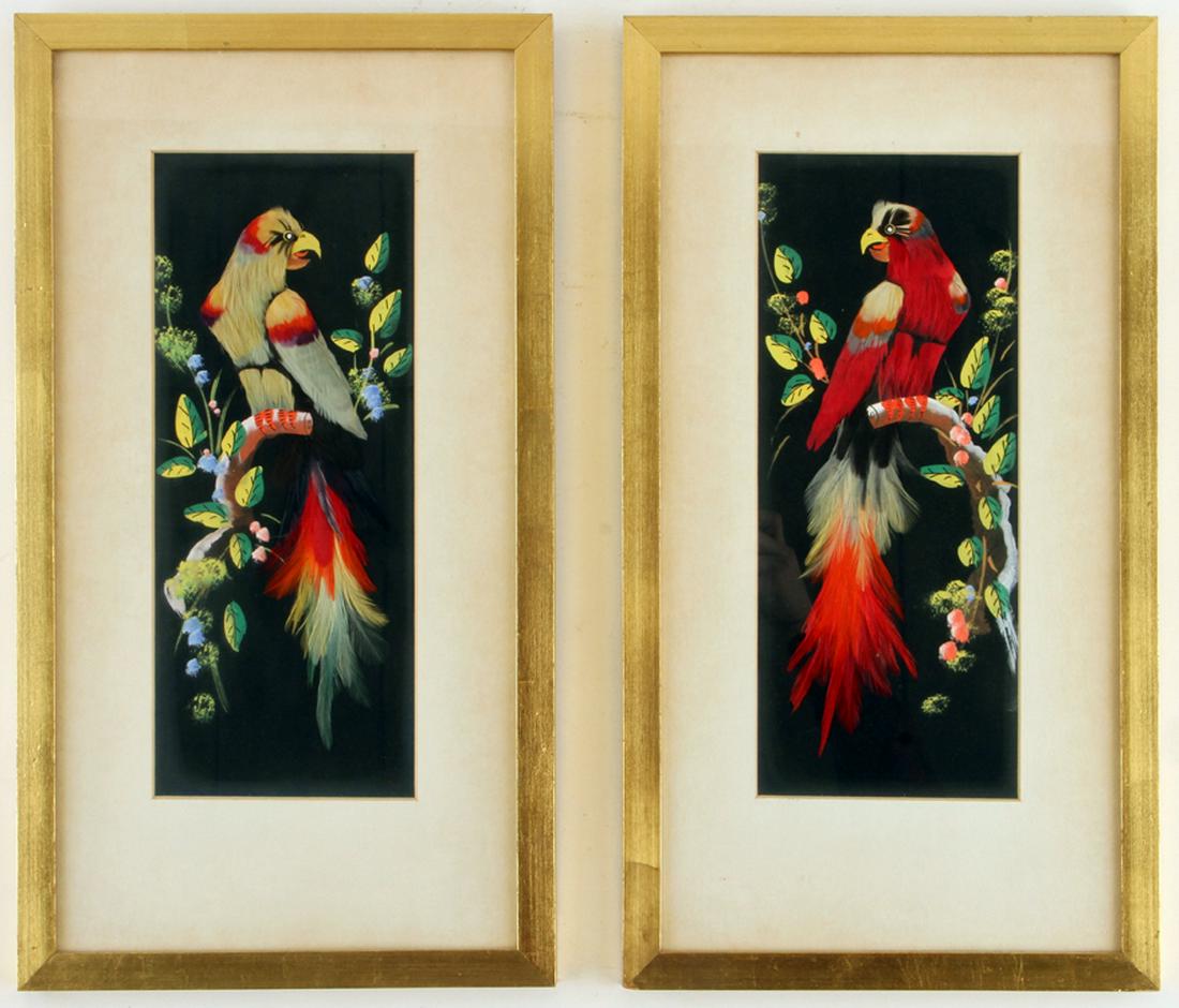 PAIR MIXED MEDIA ASIAN WORKS OF ART PERCHED BIRDS (1 of 6)