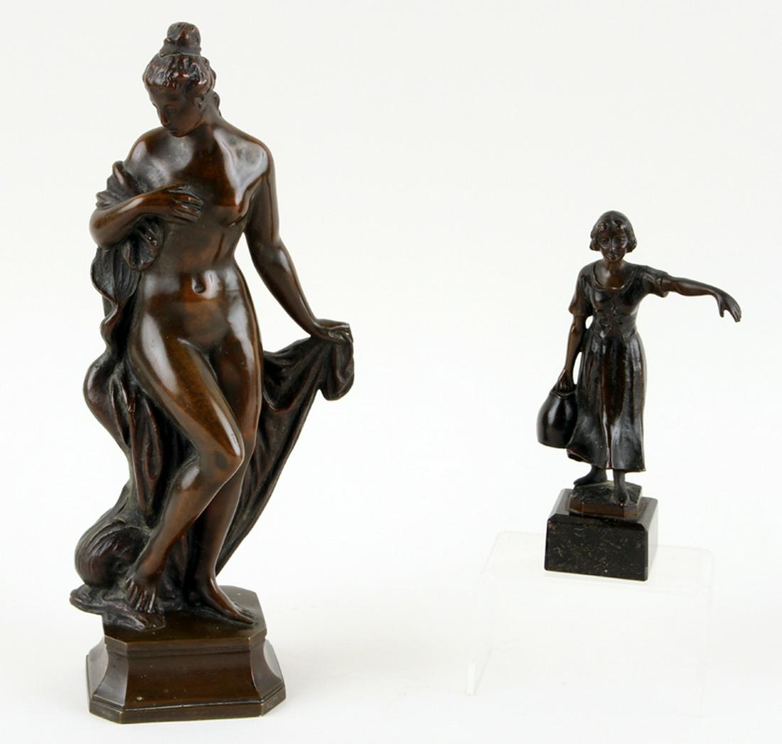 2PC LOT LATE 19TH C. BRONZE SCULPTURES OF WOMEN: A two piece lot of late nineteenth century bronze sculptures of women. The smaller figure marked for German Foundry, Gladenbeck: 6" The larger nude figure: 11.25"