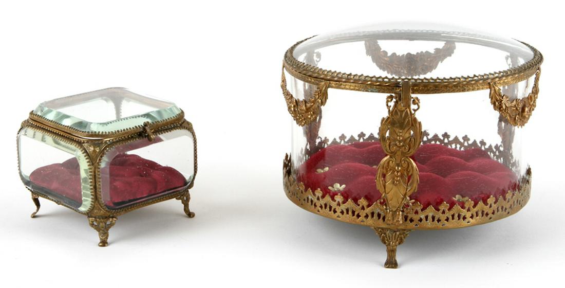 TWO 19TH CENT. GLASS JEWELRY BOXES SILK VELVET (1 of 5)