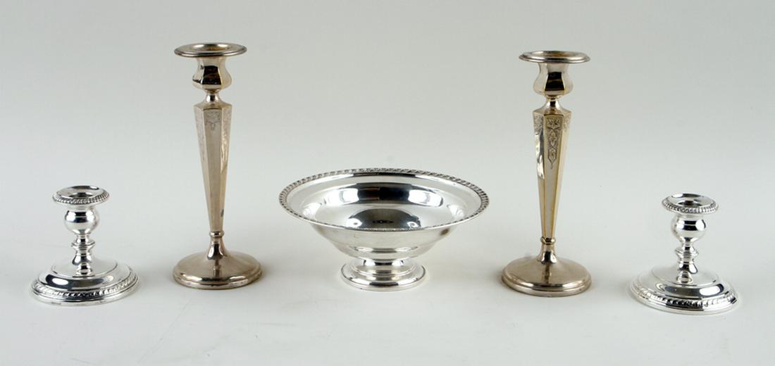 5 PIECES STERLING INC. CANDLESTICKS AND BOWL (1 of 7)
