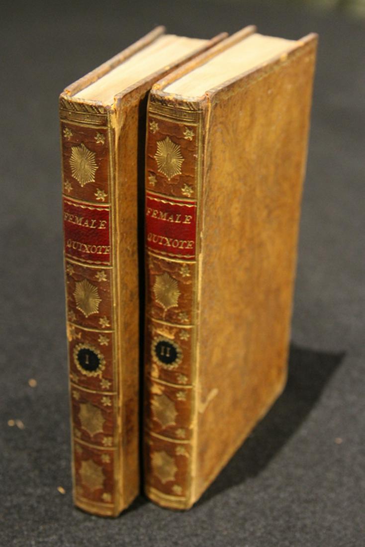 CHARLOTTE LENNOX "THE FEMALE QUIXOTE" 1752: Charlotte Lennox, "The Female Quixote; or, The Adventures of Arabella," Second Edition, 1752. In two volumes having gilt-decorated boards and marbled end papers. Printed for A. Millar, London.