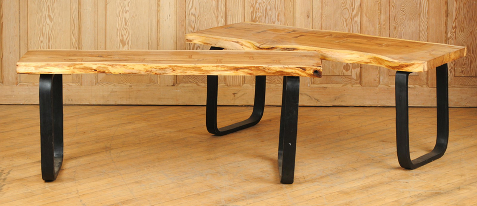PAIR IRON BENCHES WOOD TOPS FREE FORM EDGES (1 of 7)