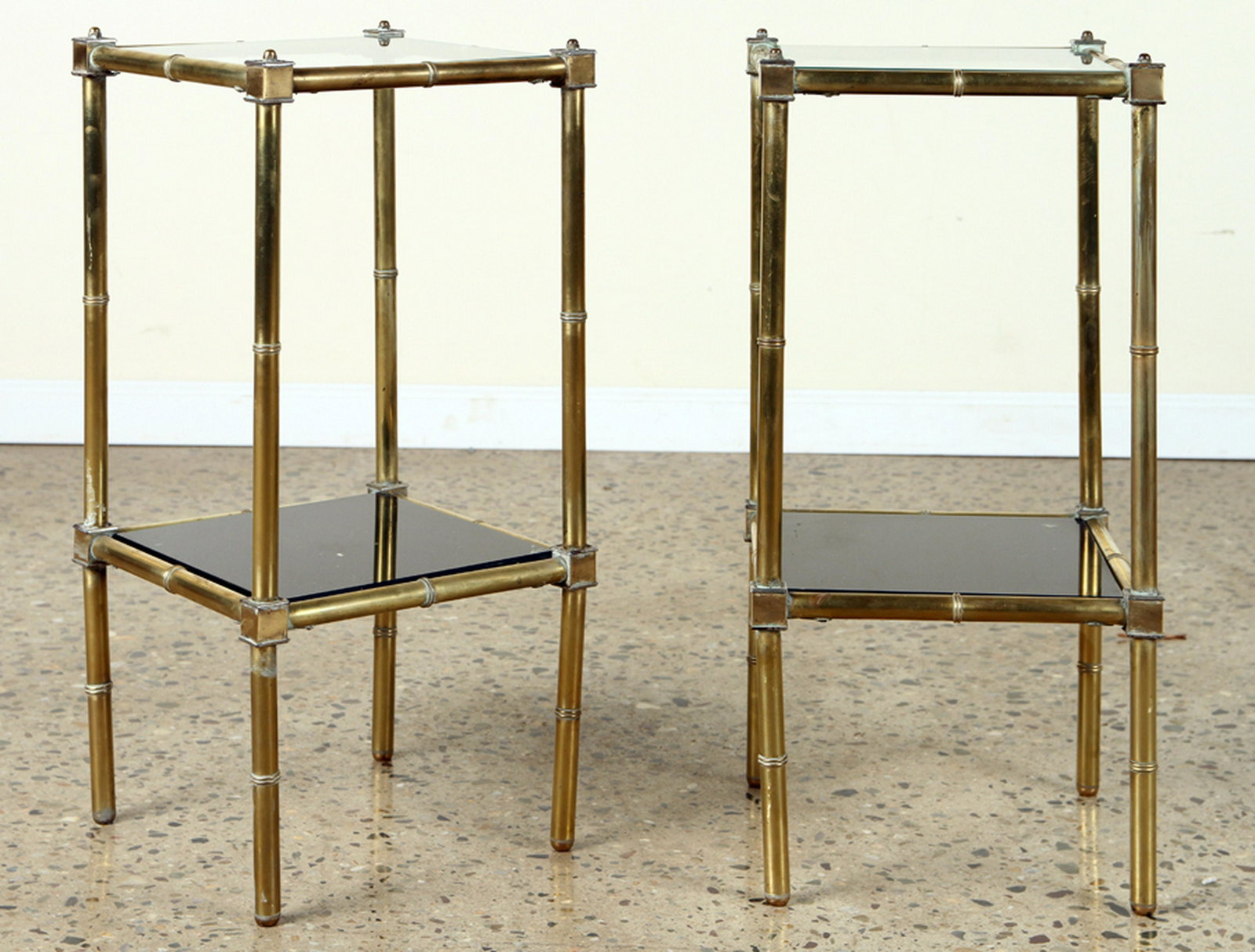 PAIR 2-TIER BRASS ENDS TABLES CLEAR SMOKED GLASS (1 of 5)
