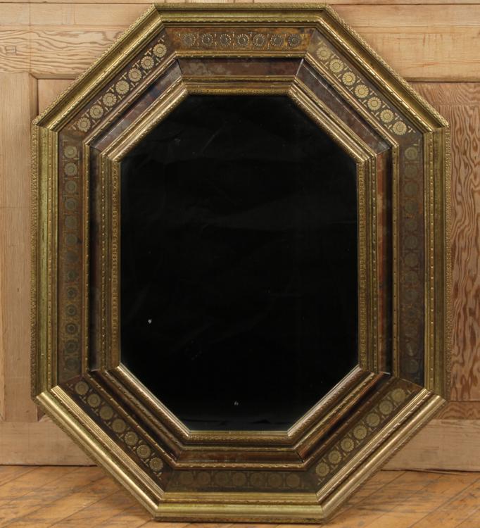 BRASS SURFACED OCTAGONAL MIRROR INLAID FLOWERS (1 of 3)
