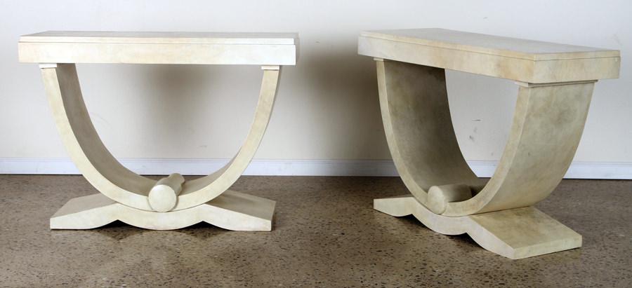 PAIR OF ART DECO STYLE PARCHMENT CONSOLE TABLES (1 of 5)