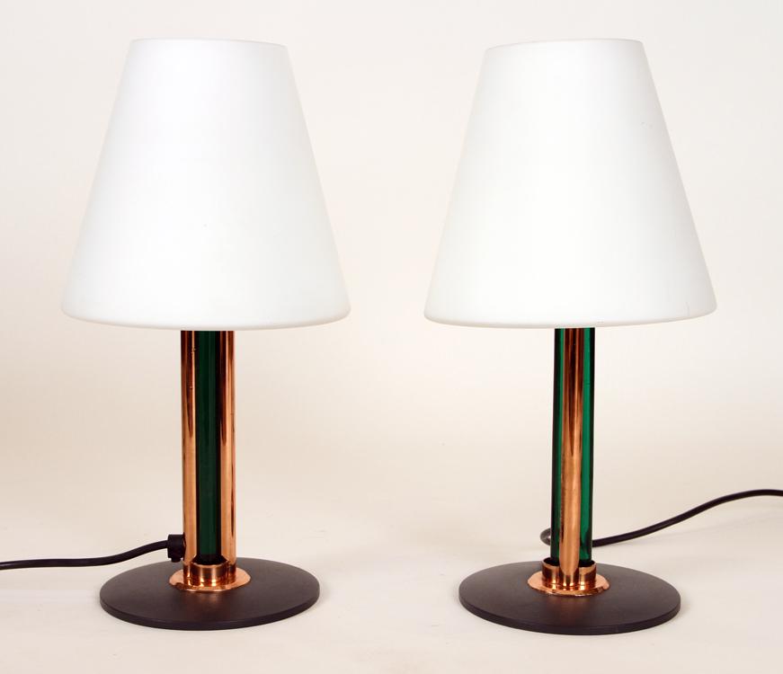 PAIR HEAVY IRON TABLE LAMPS COPPER GREEN GLASS (1 of 5)