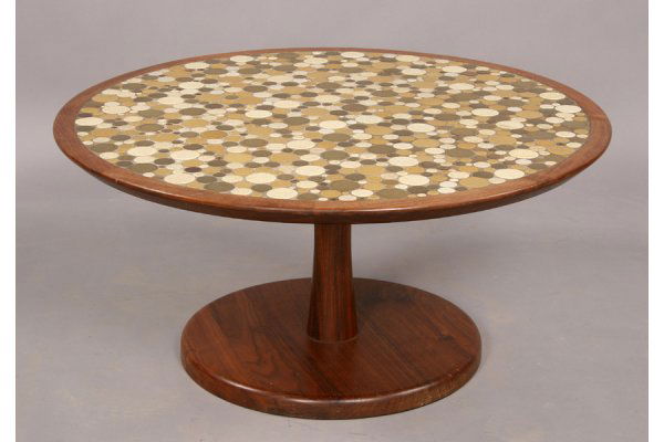 Modern Gordon Martz tile top teak coffee table: A mid century modern Gordon Martz round teak coffee table. Having multiple matte glazed round tiles. This table designed for Marshall Studios, Indiana. Ht: 16 Width: 34" ***PLEASE NOTE: All property s