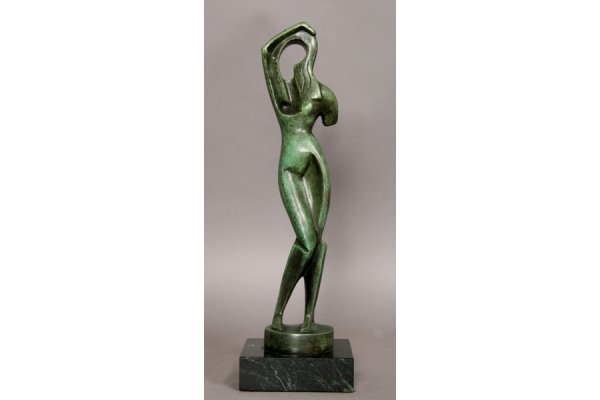 Archipenko Russian bronze woman hair: Alexander Archipenko (1887-1964) "Woman Combing Her Hair" Bronze sculpture having a verdigris patina, resting on a marble plinth. Signed Archipenko, 1915. The bronze was received as a wedding gift in