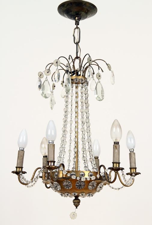 SIX ARM BRONZE AND CRYSTAL CHANDELIER C.1940 (1 of 4)