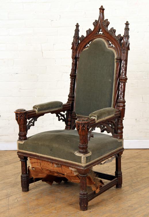 CARVED 19TH C. GOTHIC STYLE UPHOLSTERD ARM CHAIR (1 of 5)