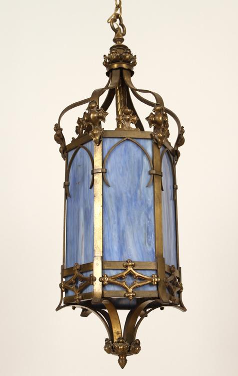 BRONZE LANTERN NEOCLASSICAL STYLE BLUE SLAG GLASS (1 of 4)