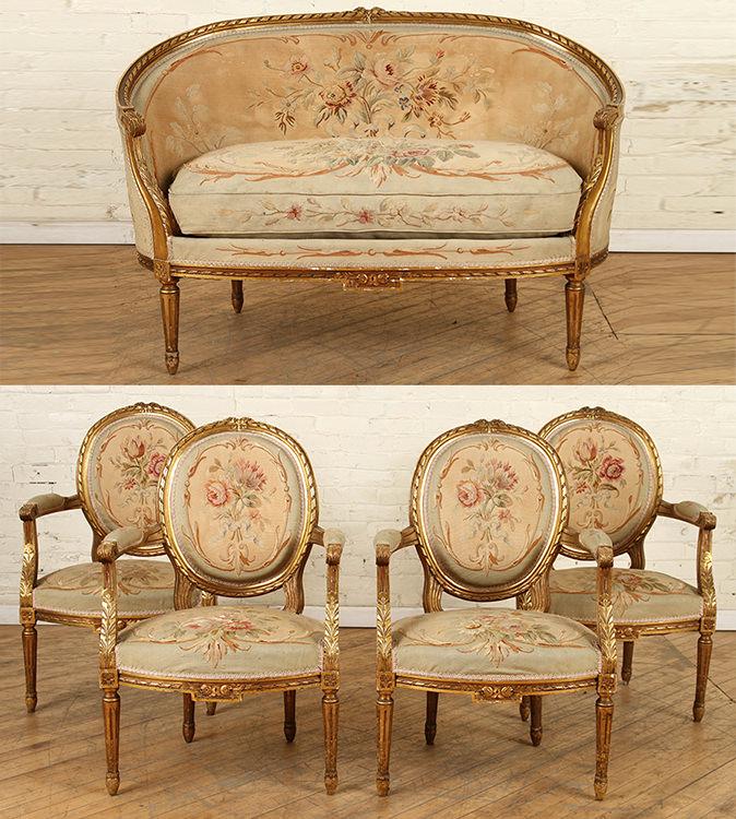 5 PC. GILT CARVED FRENCH SALON SET AUBUSSON C1890 (1 of 9)