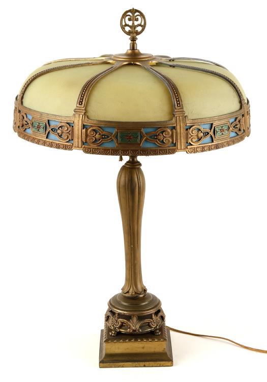 LATE VICTORIAN GILT METAL SLAG GLASS TABLE LAMP (1 of 6)